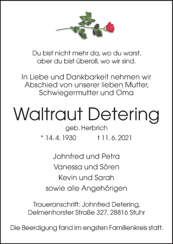 Traueranzeige von Waltraut Detering von Neue Osnabrücker Zeitung GmbH & Co. KG