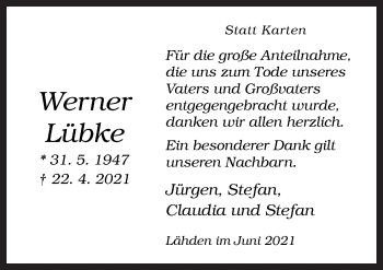 Traueranzeige von Werner Lübke von Neue Osnabrücker Zeitung GmbH & Co. KG