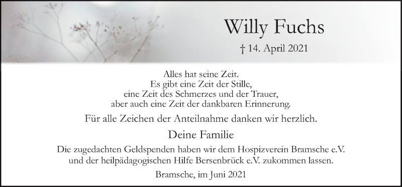  Traueranzeige für Willy Fuchs vom 05.06.2021 aus Neue Osnabrücker Zeitung GmbH & Co. KG