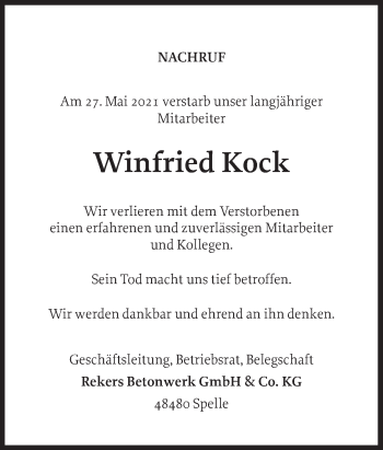 Traueranzeige von Winfried Kock von Neue Osnabrücker Zeitung GmbH & Co. KG