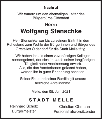 Traueranzeige von Wolfgang Stenschke von Neue Osnabrücker Zeitung GmbH & Co. KG