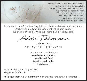 Traueranzeige von Adele Fährmann von Neue Osnabrücker Zeitung GmbH & Co. KG