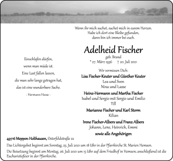 Traueranzeige von Adelheid Fischer von Neue Osnabrücker Zeitung GmbH & Co. KG