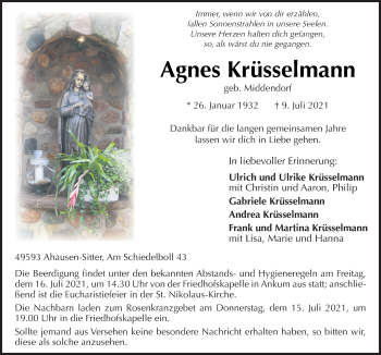 Traueranzeige von Agnes Krüsselmann von Neue Osnabrücker Zeitung GmbH & Co. KG