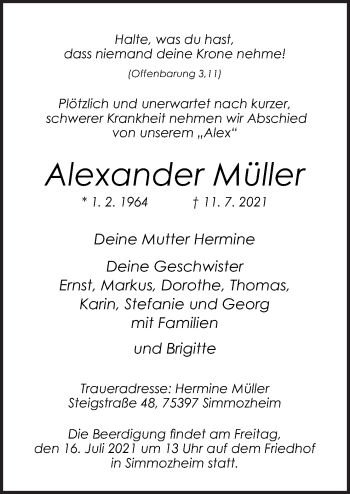 Traueranzeige von Alexander Müller von Neue Osnabrücker Zeitung GmbH & Co. KG