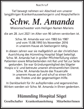 Traueranzeige von Amanda  von Neue Osnabrücker Zeitung GmbH & Co. KG