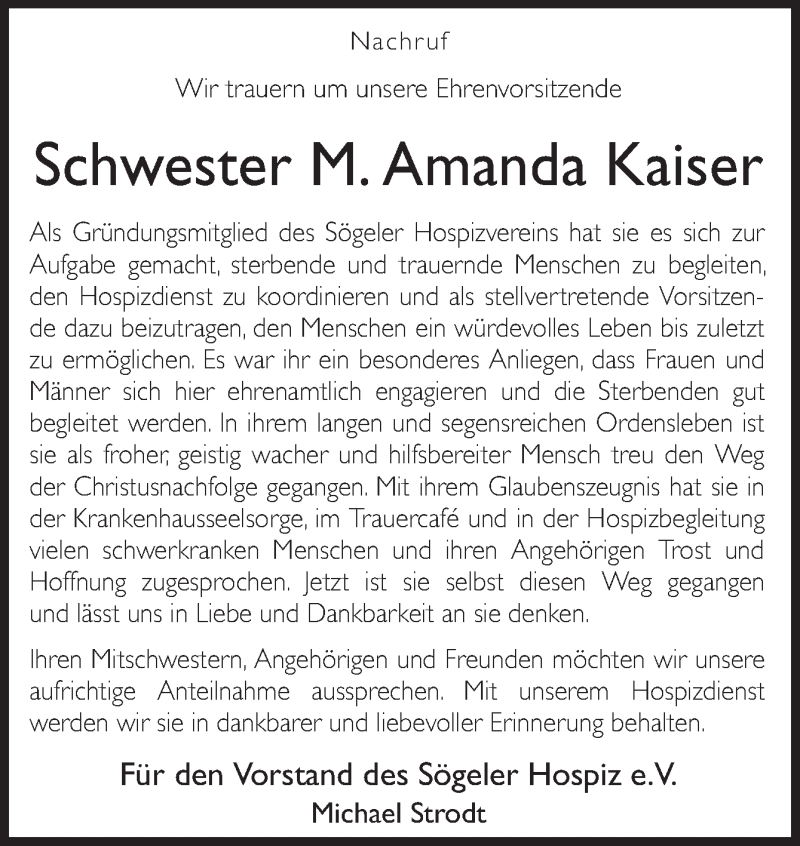  Traueranzeige für Amanda Kaiser vom 06.07.2021 aus Neue Osnabrücker Zeitung GmbH & Co. KG