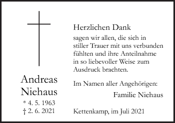 Traueranzeige von Andreas Niehaus von Neue Osnabrücker Zeitung GmbH & Co. KG