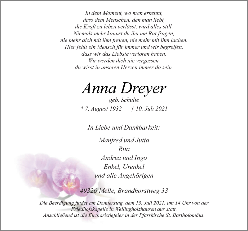 Traueranzeige für Anna Dreyer vom 13.07.2021 aus Neue Osnabrücker Zeitung GmbH & Co. KG