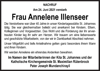 Traueranzeige von Annelene Illenseer von Neue Osnabrücker Zeitung GmbH & Co. KG