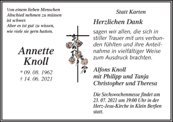 Traueranzeige von Annette Knoll von Neue Osnabrücker Zeitung GmbH & Co. KG