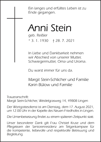 Traueranzeige von Anni Stein von Neue Osnabrücker Zeitung GmbH & Co. KG