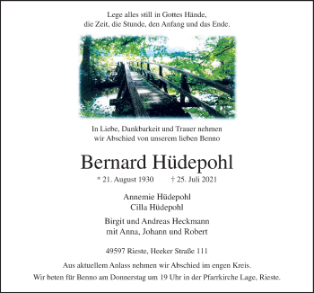 Traueranzeige von Bernard Hüdepohl von Neue Osnabrücker Zeitung GmbH & Co. KG