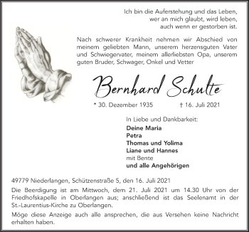 Traueranzeige von Bernhard Schulte von Neue Osnabrücker Zeitung GmbH & Co. KG