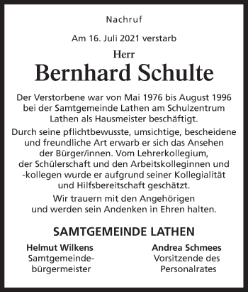 Traueranzeige von Bernhard Schulte von Neue Osnabrücker Zeitung GmbH & Co. KG