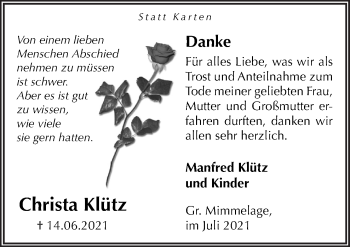 Traueranzeige von Christa Klütz von Neue Osnabrücker Zeitung GmbH & Co. KG