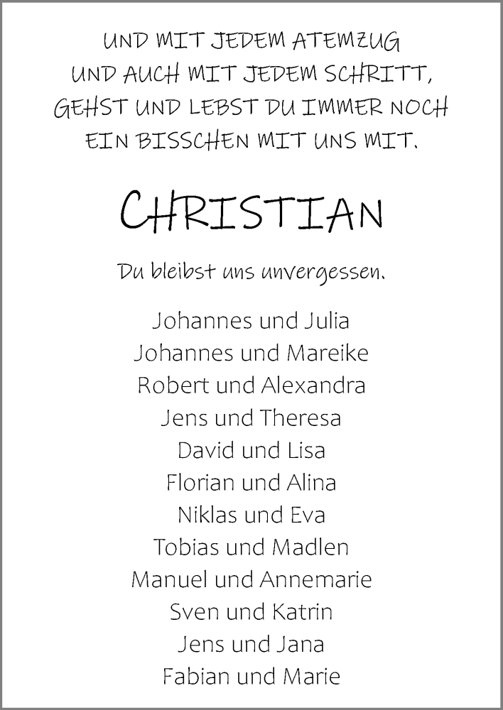 Traueranzeige für Christian Bender vom 06.07.2021 aus Neue Osnabrücker Zeitung GmbH & Co. KG