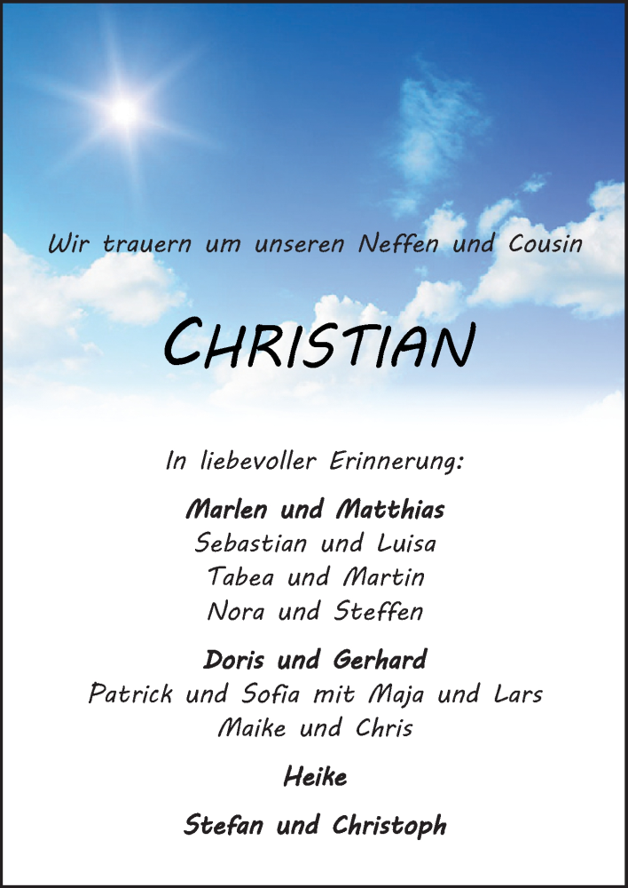 Traueranzeige für Christian Bender vom 06.07.2021 aus Neue Osnabrücker Zeitung GmbH & Co. KG