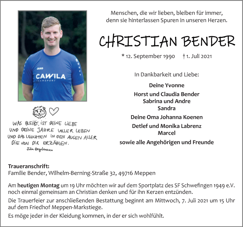  Traueranzeige für Christian Bender vom 05.07.2021 aus Neue Osnabrücker Zeitung GmbH & Co. KG