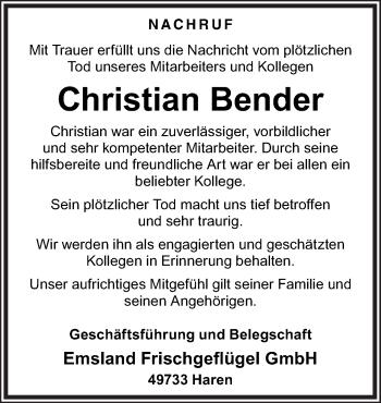 Traueranzeige von Christian Bender von Neue Osnabrücker Zeitung GmbH & Co. KG