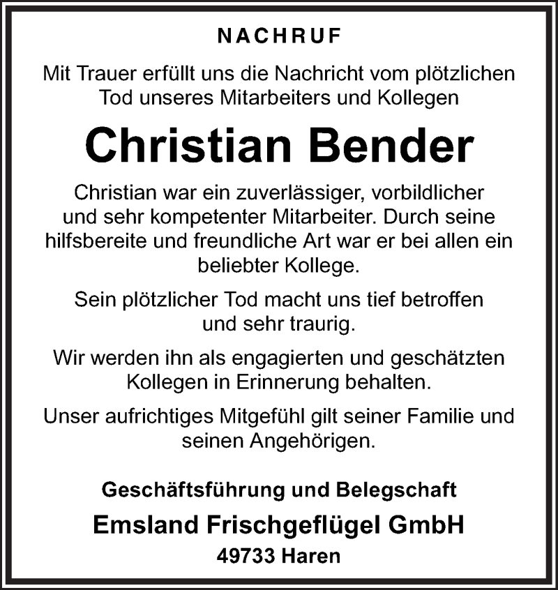  Traueranzeige für Christian Bender vom 07.07.2021 aus Neue Osnabrücker Zeitung GmbH & Co. KG