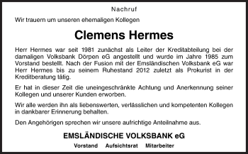 Traueranzeige von Clemens Hermes von Neue Osnabrücker Zeitung GmbH & Co. KG