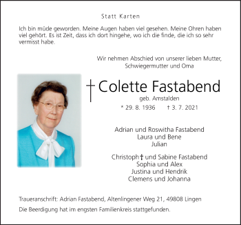 Traueranzeige von Colette Fastabend von Neue Osnabrücker Zeitung GmbH & Co. KG