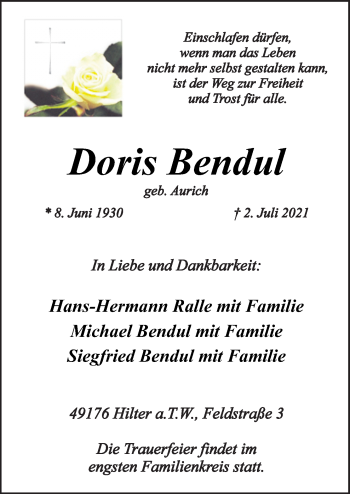 Traueranzeige von Doris Bendul von Neue Osnabrücker Zeitung GmbH & Co. KG