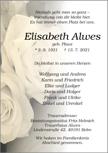 Traueranzeige von Elisabeth Alwes von Neue Osnabrücker Zeitung GmbH & Co. KG