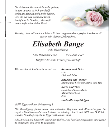 Traueranzeige von Elisabeth Bange von Neue Osnabrücker Zeitung GmbH & Co. KG