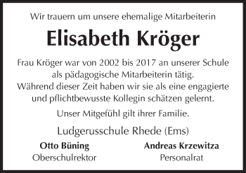 Traueranzeige von Elisabeth Kröger von Neue Osnabrücker Zeitung GmbH & Co. KG