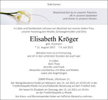 Traueranzeige von Elisabeth Kröger von Neue Osnabrücker Zeitung GmbH & Co. KG