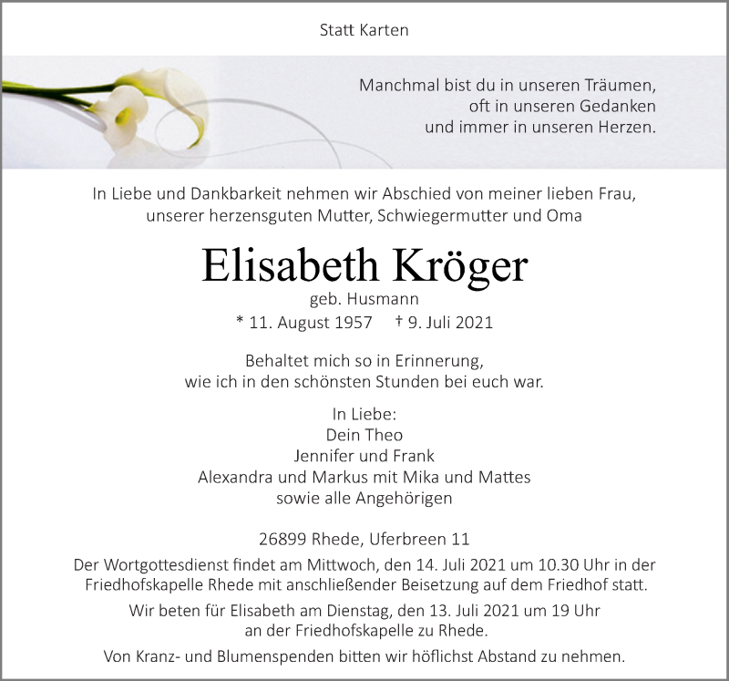  Traueranzeige für Elisabeth Kröger vom 12.07.2021 aus Neue Osnabrücker Zeitung GmbH & Co. KG