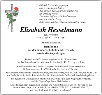 Traueranzeige von Elisabeth Nesselmann von Neue Osnabrücker Zeitung GmbH & Co. KG