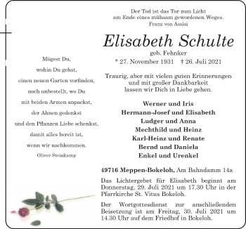 Traueranzeige von Elisabeth Schulte von Neue Osnabrücker Zeitung GmbH & Co. KG