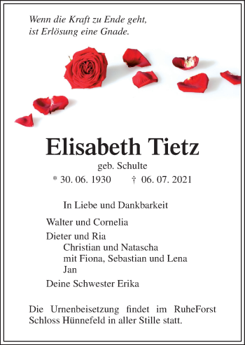 Traueranzeige von Elisabeth Tietz von Neue Osnabrücker Zeitung GmbH & Co. KG
