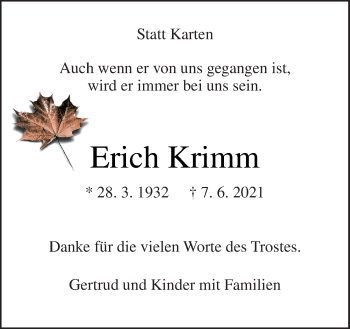 Traueranzeige von Erich Krimm von Neue Osnabrücker Zeitung GmbH & Co. KG