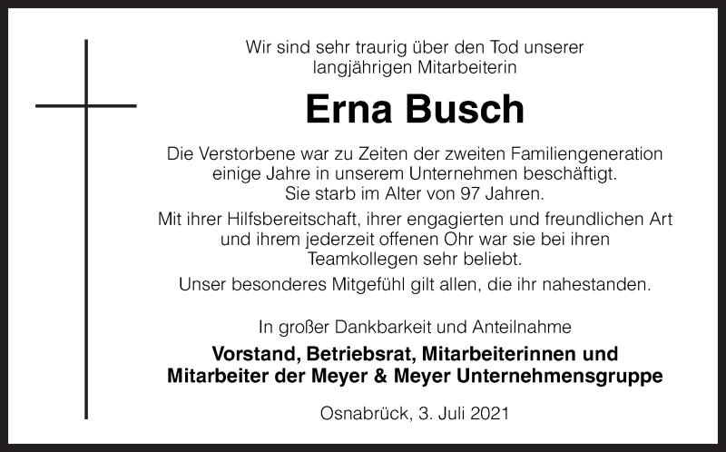  Traueranzeige für Erna Busch vom 03.07.2021 aus Neue Osnabrücker Zeitung GmbH & Co. KG