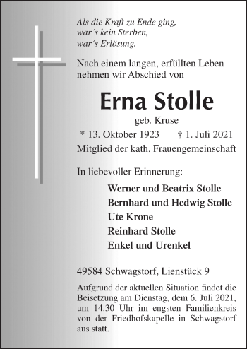 Traueranzeige von Erna Stolle von Neue Osnabrücker Zeitung GmbH & Co. KG