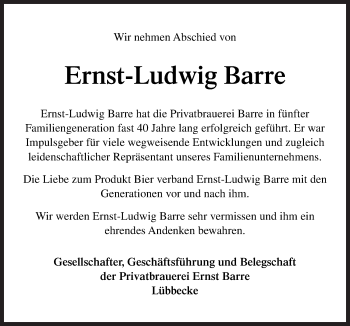 Traueranzeige von Ernst-Ludwig Barre von Neue Osnabrücker Zeitung GmbH & Co. KG