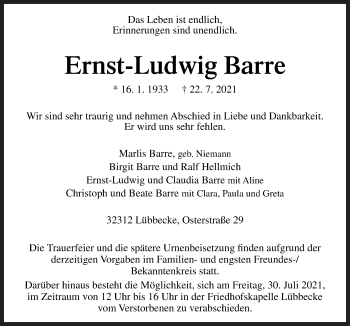 Traueranzeige von Ernst-Ludwig Barre von Neue Osnabrücker Zeitung GmbH & Co. KG