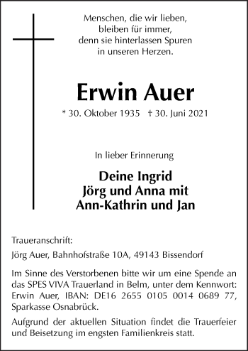 Traueranzeige von Erwin Auer von Neue Osnabrücker Zeitung GmbH & Co. KG