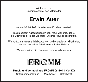 Traueranzeige von Erwin Auer von Neue Osnabrücker Zeitung GmbH & Co. KG