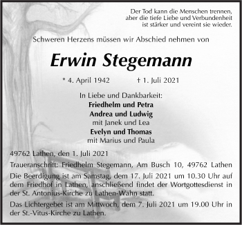 Traueranzeige von Erwin Stegemann von Neue Osnabrücker Zeitung GmbH & Co. KG