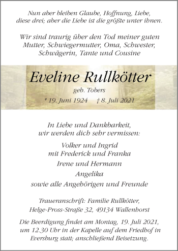 Traueranzeige von Eveline Rullkötter von Neue Osnabrücker Zeitung GmbH & Co. KG