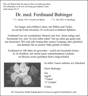 Traueranzeige von Ferdinand Bubinger von Neue Osnabrücker Zeitung GmbH & Co. KG