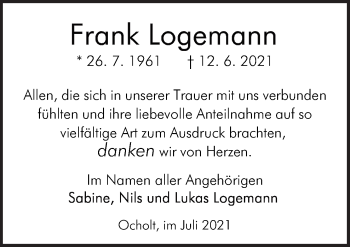 Traueranzeige von Frank Logemann von Neue Osnabrücker Zeitung GmbH & Co. KG