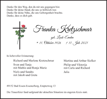 Traueranzeige von Franka Kretzschmar von Neue Osnabrücker Zeitung GmbH & Co. KG