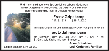 Traueranzeige von Franz Gripskamp von Neue Osnabrücker Zeitung GmbH & Co. KG