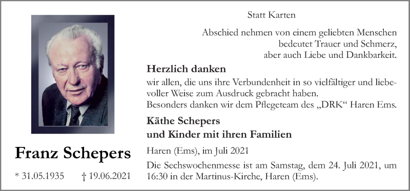  Traueranzeige für Franz Schepers vom 21.07.2021 aus Neue Osnabrücker Zeitung GmbH & Co. KG